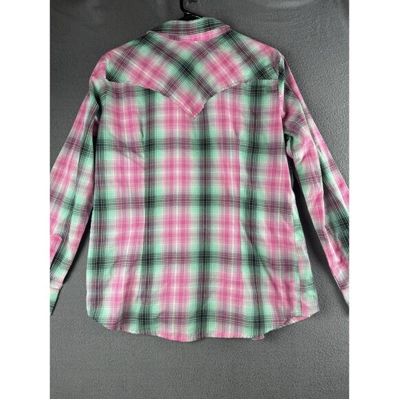 Wrangler Shirt Women L Pink Green Flannel Pearl Snap Western Cowgirl Rodeo Ranch - Picture 8 of 12